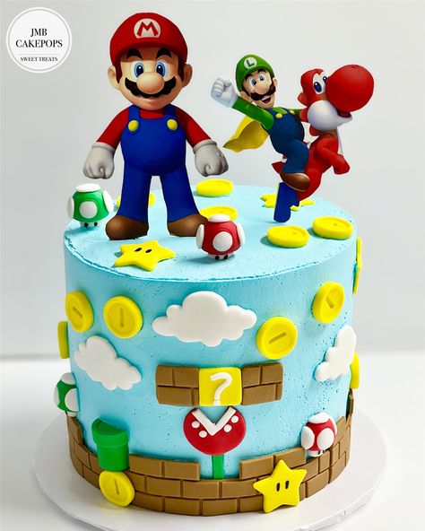 Fondant Mario, Super Mario Fondant Figures, 2 Tier Mario Cake, Super Mario Cake 1 Tier, Super Mario Single Tier Cake, Mario Cake, Super Mario Birthday, Mario Birthday, Super Mario