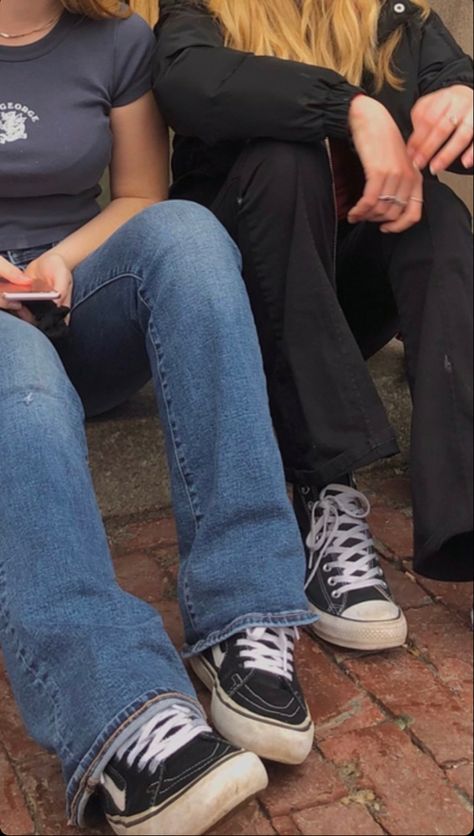 Aesthetic Vans Outfit, Converse And Vans Aesthetic, Baggy Jeans And Converse Outfit, Converse With Long Socks, Black Converse Aesthetic Outfit, High Vans Outfit, Black High Top Vans Outfit, Converse Black Aesthetic, Black Vans Aesthetic