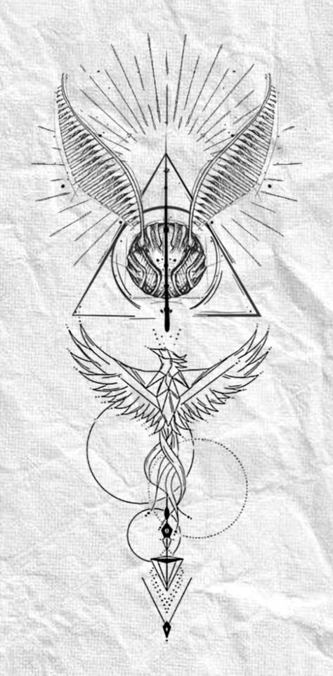 Buckbeak Tattoo Harry Potter, Harry Potter With Tattoos, Harry Potter Books Tattoo Design, Deathly Hallows Phoenix Tattoo, Back Tattoo Harry Potter, Snitch Harry Potter Tattoo, Geometric Harry Potter Tattoo, Deathly Hallows Symbol Tattoo, Harry Potter Tattoos Fine Line