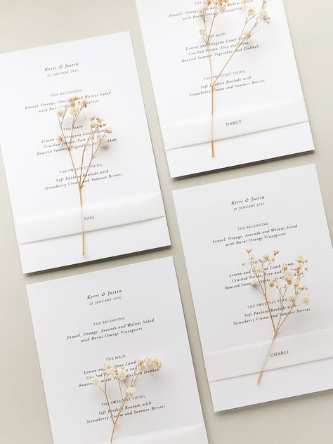 Wedding Invitation Dried Flower, Wedding Invitations Dried Flowers, Menu Wedding Cards, Neutral Wedding Invitations, Romantic And Elegant Wedding, Elegant Wedding Stationery, Wedding Day Details, Menu Wedding, Modern Minimalist Wedding