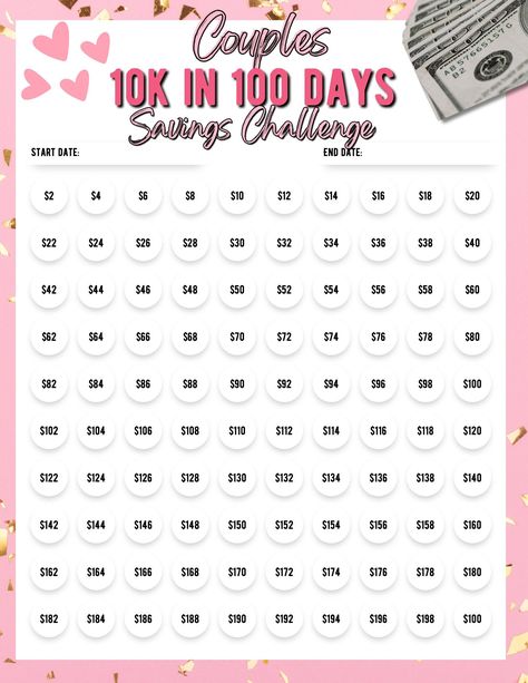 "Level up your financial game together with our exclusive \"10K in 100 Days\" Couples Savings Challenge! This printable planner is designed for power couples ready to slay their savings goals side by side. Turn saving into a shared adventure! Strengthen your financial foundation, achieve your goals, and create lasting memories on this unique couples savings journey. 🚀 Instant Download: Kickstart your shared financial success now! Upon purchase, download the PDF, print at home (8.5x11 size), and embark on your 10K in 100 Days Couples Savings Challenge. Ready to build your wealth as a team? Grab your Couples Edition now!" 10k 100 Days, 10 K In 100 Days, Couples Savings Plan, Couples Savings Challenge, 100k Savings Challenge, 10000 In 100 Days, 10k In 100 Days Challenge, 10k In 3 Months, 5k In 100 Days