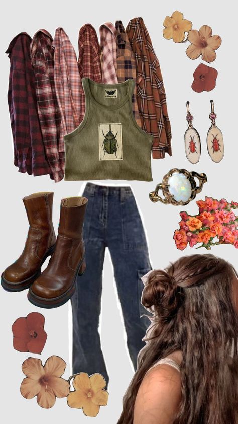 bug themed nature-girl outfit #nature #bugs #flannel #cargo #braid #beetle #eco #outfit Botany Aesthetic Outfit, Bug Aesthetic Outfit, Campcore Aesthetic Outfits, Bug Core Outfits, Bug Girl Aesthetic, Eco Girl Aesthetic, Bugcore Outfits, Nature Themed Outfits, Forest Girl Outfit