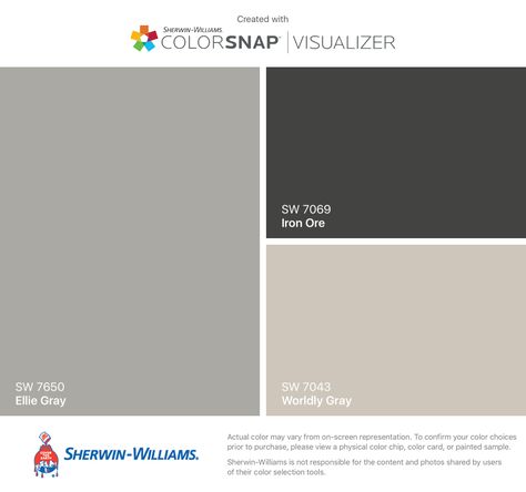 Exterior Colors: Ellie Gray main; doors and garage Iron Ore; trim Worldly Gray Exterior House Colors With Black Garage Doors, Iron Ore Trim Exterior, Iron Ore Garage Door, Grey Stucco House Exterior, Garage Paint Colors, Black Garage Doors, Big Cabin, Exterior Paint Schemes, Garage Paint