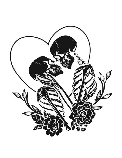 Skeleton Lovers Tattoo Design, Skeleton The Lovers Tattoo, Romantic Skeleton Tattoo, Love Spell Drawing, Spooky Love Tattoo, Your Coffin Or Mine, Edgy Matching Tattoos Couples, Skeleton And Rose Tattoo, Skulls Kissing Tattoo