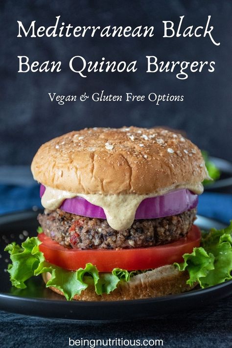 The Mediterranean Black Bean Quinoa Burger has so much flavor you'll never miss the meat! Stuffed with garlic, sundried tomatoes, and tons of herbs, it will be your go-to bean burger in no time. The addition of quinoa gives the burger a pleasant crunch, and the mushrooms help keep it juicy in the middle. It's got everything! Quinoa Burgers Vegan, Quinoa Mushroom, Quick Easy Healthy Dinner, Quinoa Burger Recipe, Black Bean Quinoa Burger, Healthy Picnic Foods, Mushroom Burger Recipe, Greek Burger, Mushroom Burgers