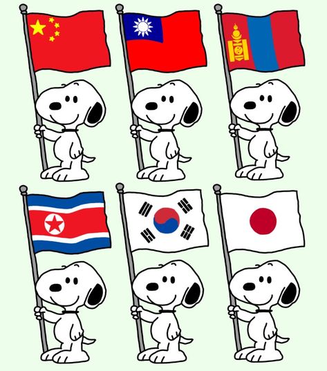 Here's my artwork i make of Snoopy holding all the flags of East Asia countries. Flag Names. China 🇨🇳 China (Taiwan) 🇹🇼 Mongolia 🇲🇳 North Korea 🇰🇵 South Korea 🇰🇷 And Japan 🇯🇵 And also feel free to use them.😉 Flag Names, All The Flags, North Korea Flag, South Korea North Korea, Mongolia Flag, South Korean Flag, Taiwan Flag, South Korea Flag, Korea Flag