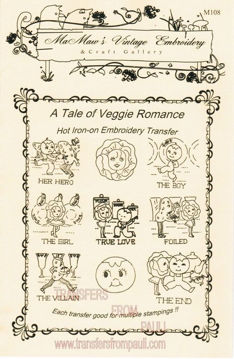 Hearts A Tale of Veggie Romance MaMaw's Vintage Embroidery Hot Iron Transfer   Description: MaMaw's Vintage Embroidery hot iron transfers #M108 - A Tale of Veggie Romance. Bring a touch of nostalgia to your kitchen with these classic 1940’s motifs! The drama of romance will be played-out on your towels, apron & potholders - as our hero ‘Tomato’ seeks to save his lady love ‘Lettuce’ from the nefarious villain ‘Potato’. Sure to bring a smile - make a set for yourself, that special friend or family Vintage Embroidery Transfers, 동화 삽화, Vintage Wreath, Iron On Embroidery, Tattoo Style Drawings, Coupon Binder, Embroidery Transfers, Embroidery Patterns Vintage, Hot Iron