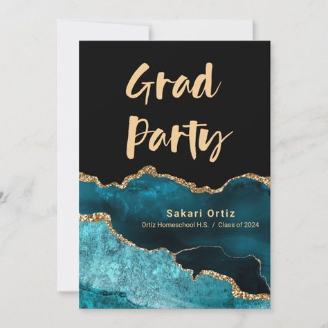 Graduation Party Balloons Teal Gold Agate Invitation | Zazzle Teal Black And Gold Party Decorations, Teal Graduation Party Ideas, Graduation Party Balloons, Grad Party Ideas, Gold Graduation Decorations, Black And Gold Party Decorations, Cars Birthday Invitations, Gold Party Decorations, Graduation Signs