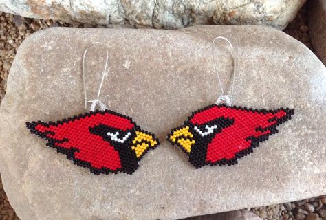 Beaded Cardinals Earrings by DoubleACreations on Etsy Beaded Cardinal, Bead Animals, Loom Designs, Beautiful Beaded Earring, Stitch Earrings, Sport Logos, Beaded Earrings Native, Cat Bead, Beaded Earrings Diy