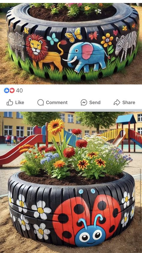 Spare Tire Ideas, Painted Tyres Garden, Old Tires Ideas Diy Outdoor Seating, Backyard Tire Ideas, Square Garden Ideas, Diy Kids Playground, Painted Tires, Mother Earth Art, Recycled Garden Art