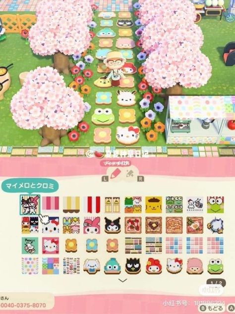 Acnh Clothes Pattern Grid Sanrio, Custom Flooring Animal Crossing, Sanrio Custom Designs Animal Crossing, Acnh Island Designs Kidcore, Kawaii Animal Crossing Island Ideas, Animal Crossing Kawaii Codes, Kawaii Animal Crossing Codes, Sanrio Animal Crossing Codes, Acnh Sanrio Island