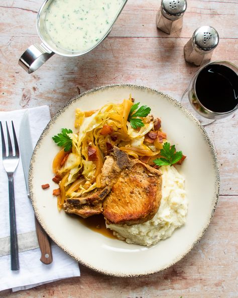 While the perfect dish for St. Patrick's Day, I think these Braised Pork Chops and Cabbage is perfect for a cool, fall night. It's a delicious and comforting meal that cooks altogether for a fantastic flavor profile. I prefer braising pork chops because they can tend to be overcooked, but braising them ensures they stay in a liquid to hold on to that moisture. The braising time will depend on the thickness of your chops, but I have an easy guide in my recipe to help you get them perfect! T... Pork Chops And Cabbage, Braised Pork Chops, Fall Night, Braised Pork, Autumn Night, Flavor Profiles, Pork Chops, Hold On, Canning