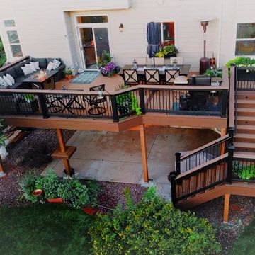 Decks With Angled Corners, Second Story Deck Covering Ideas, Elevated Back Deck, Second Story Deck Decorating Ideas, Balcony 2nd Floor, Large Second Story Deck, Back Deck Ideas Two Story, Second Floor Deck Ideas Design, Small Second Story Deck Ideas