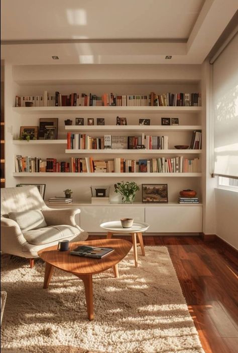 Library In The Living Room, Book Shelf In Living Room Idea, Small Book Room Ideas, Small Book Room, Simple Home Library, Small House Library, Simple Room Ideas Minimalism, Armchair Nook, Home Book Library