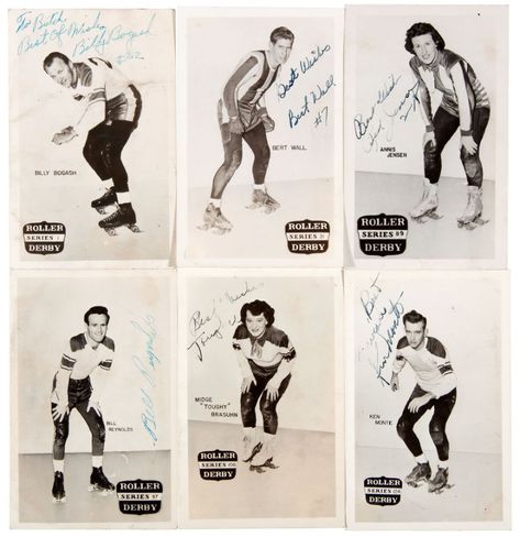 Roller Derby Roster Photos from 1950s.  igned cards are: Dolores Doss #nn, Billy Bogash #1, Sid Harnesk #2, Mary Lou Palermo #22, Bert Wall #31, Bobbie Johnstone #37, Annis Jensen #89, Barbara Mateer #90, Mary Gardner #94, Bill Reynolds #97, Midge "Toughy" Brasuhn #100, Loretta Behrens #104, Helen Gardner #107, Ken Monte #124, Charleen Purcell #152, Joyce Beasley #161. Pinup Aesthetic, Roller Derby Costume, Roller Derby Art, Roller Quad, Boogie Wonderland, Roller Derby Girls, Derby Girl, Track Roller, Fun Photography