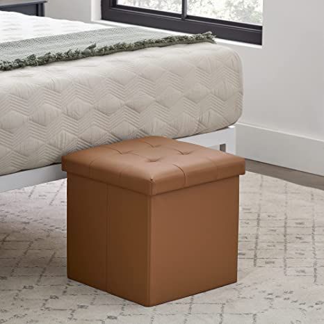 Edenbrook 15 Inch Square Foldable Storage Ottoman with Square Tufting-Foot Rest-Holds Up to 220 lbs, Camel Faux Leather Storage Cube Ottoman, Foldable Stool, Square Storage Ottoman, Dressing Chair, Folding Ottoman, Small Ottoman, Modern Ottoman, Foldable Storage, Tufted Ottoman