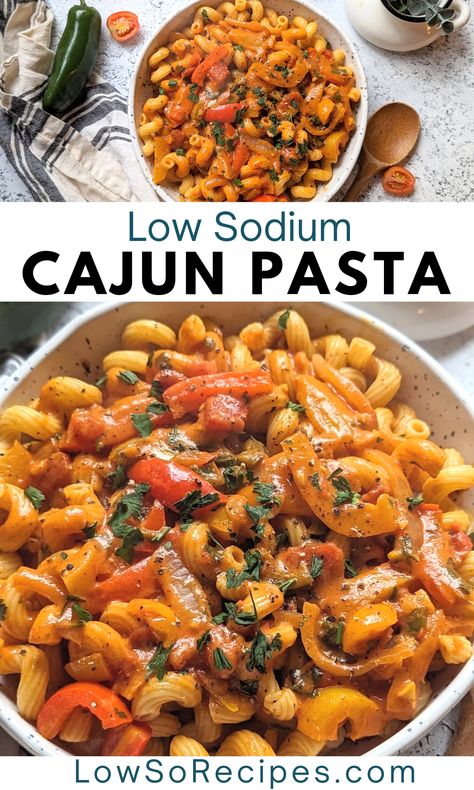 Low Sodium Cajun Pasta Recipe - Low So Recipes Low Sodium Chicken Dinners, Low Sodium Lunch Meal Prep, Low Sodium Party Food, Kidney Diet Recipes Dinners, Low Sodium Quick Meals, Low Sodium Low Calorie Meals, Easy Low Sodium Dinner Recipes, Heart Healthy Recipes Low Sodium Casseroles, Easy Low Sodium Recipes Simple