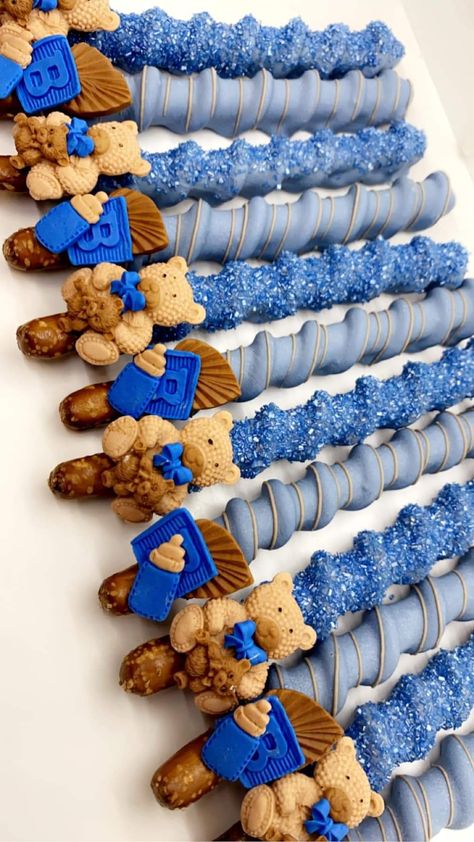 Teddy Bear Pretzel Rods, Bear Baby Shower Treats, Baby Shower Pretzel Rods, Baby Shower Chocolate Covered Pretzels, Teddy Bear Baby Shower Theme Treats, Baby Shower Treats Boy, Teddy Bear Treats, Blue Foods, Chocolate Pretzel Rods