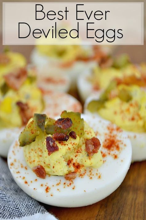 Love this easy recipe for the best ever deviled eggs with bacon and sweet pickles. ##recipe #deviledeggs #appetizer #eggs