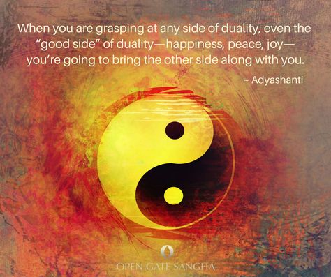 "When you are grasping at any side of duality, even the 'good side' of duality—happiness, peace, joy—you're going to bring the other side along with you." ~ Adyashanti Duality Quotes, Non Duality, Acceptance Quotes, Meditation Benefits, Eckhart Tolle, Meditation Techniques, Spiritual Enlightenment, Spiritual Awakening, Quote Prints