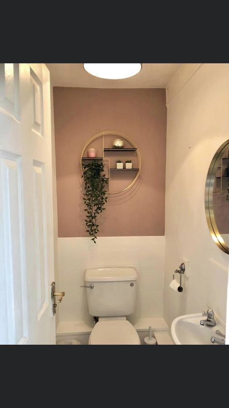 Boho Downstairs Toilet, Bathroom Themes Boho, Blush Walls Bathroom, Pink Downstairs Toilet Ideas, Wc Colour Ideas, Single Toilet Room Ideas Decor, Blush Bathroom Walls, Downstairs Toilet Ideas Pink, Small Wc Design Ideas