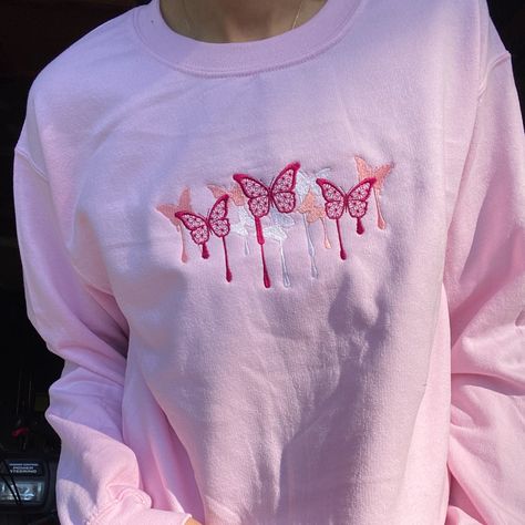 Fully Embroidered Drippy Butterfly Hoodie Available In 2 Colors - Message Me With The Colors You Would Like Available In Multiple Sizes Red Tshirt Design Ideas, Drippy Butterfly, Taylor Embroidery, Pretty Pajamas, Beachy Clothes, Big Embroidery, School Clean, Butterfly Crewneck, Hoodie Embroidery