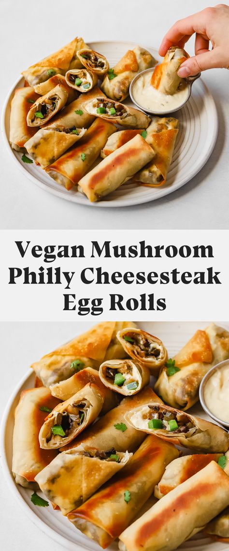 Vegan Wonton Recipes, Vegan Party Appetizers, Mushroom Philly Cheesesteak, Vegan Cheesesteak, Philly Cheesesteak Egg Rolls, Seitan Recipe, Vegan Egg Rolls, Vegan Apps, The Boiled Egg Diet