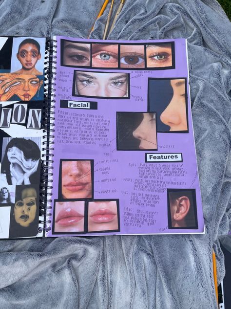 Gcse Art Facial Features Page, Gcse Art Sketchbook Facial Features, Facial Features Art Gcse Page, Facial Features Art Gcse, Art Portfolio University, Drama Portfolio, Gcse Drama, Artist Research Page, Gcse Sketchbook