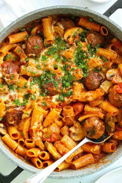 This simple dead-cert family favourite uses ready-made meatballs because sometimes quick wins are a must. Meatball Pasta Bake is served in just 30 minutes and is so delicious. Rotini And Meatballs, Pasta Bake With Meatballs, Pasta And Meatballs Recipes, Meatball And Pasta Recipes, Meatball Pasta Bake Recipes, Meatballs Noodles, Meatball Pasta Recipes, Kielbasa Sausage Recipes, Pasta And Meatballs