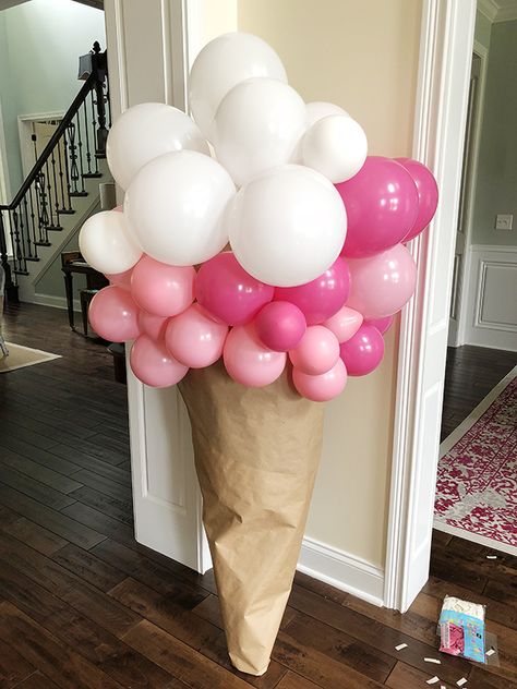 Easy DIY Ice Cream Cone Balloon Sculpture | Less Than Perfect Life of Bliss | home, diy, travel, parties, family, faith Diy Ice Cream Craft, Diy Two Sweet Birthday Decor, Ice Cream Party Decorations Diy, Kids Ice Cream Party, Diy Ice Cream Cone, Cream Balloons, Ice Cream Birthday Party Theme, Ice Cream Balloons, Hot Balloon