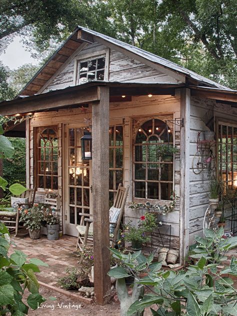 This is wonderful! Jenny's adorable garden shed made with reclaimed building materials | Living Vintage Salvaged Wood Projects, Build Your Own Shed, A Small House, Storage Shed Plans, Diy Shed Plans, Living Vintage, Walled Garden, Potting Sheds, She Sheds