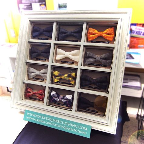 Bow tie display Bow Tie Storage, Bow Tie Display Ideas, Bow Tie Display, Gifts To Bride, Tie Display, Hair Bow Display, Tie Storage, Stall Display, Bow Display