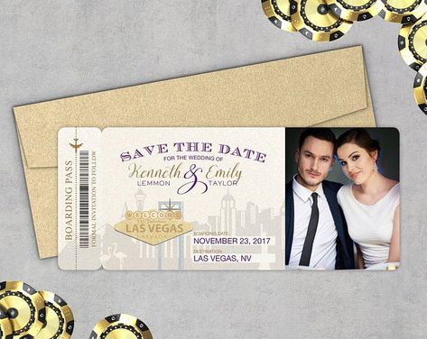 Las Vegas Ideas, Destination Save The Date, Boarding Pass Save The Date, Save The Date Destination, Vegas Ideas, Destination Wedding Welcome Bag, Vegas Weddings, Creative Invitations, Photo Save The Date