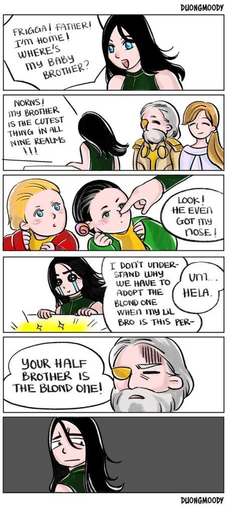 Avengers Comics Funny, Thor And His Daughter, Loki And Hela Daughter, Mcu Thor Fanart, Loki And Hela Fanart, Loki And Avengers, Lokis Daughter, Hela Marvel, Loki Comic