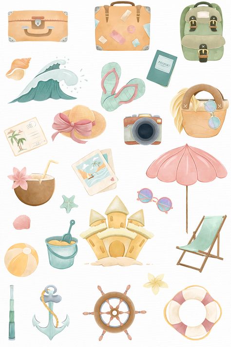 Beach Elements Illustration, Summer Stickers Printable, Vacation Stickers, Vacation Clipart, Beach Elements, Summer Elements, Ocean Clipart, Summer Drawings, Travel Clipart