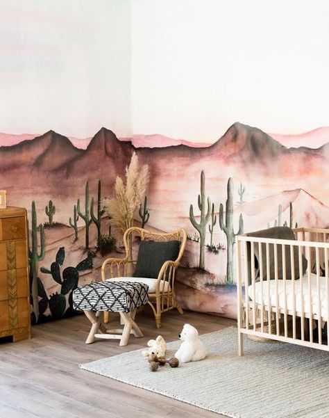 Desert Wallpaper Pinks, Reds, Orange, Sedona Mural for Walls | anewall – Anewall Western Nursery, Desert Theme, Nursery Wall Murals, Mural Ideas, Desert Painting, Nursery Baby Room, Unique Wallpaper, Baby's Room, Retro Wallpaper