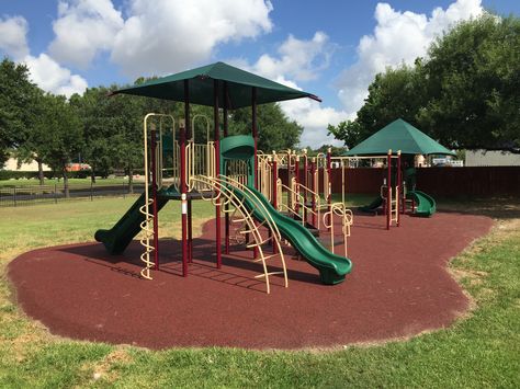 Pour in Place rubber surfacing is easily customized to meet the safety, design and aesthetic requirements of any playground.Because the rubber and urethane components are mixed and applied on site, school colors, logos, games and/or geometric shapes permanently incorporated into the surface are practical options. Thicknesses can be modified to meet varying critical fall heights within the playground, and colors can be mixed and varied to accentuate your playground. www.dunriteplaygrounds.com School Playground Aesthetic, Playground Aesthetic Pastel, Empty Playground Aesthetic, Playgrounds Ideas, Playground 2000s, Playground Aesthetic, Primary School Playground Design, Park With Playground Aesthetic, Field Party