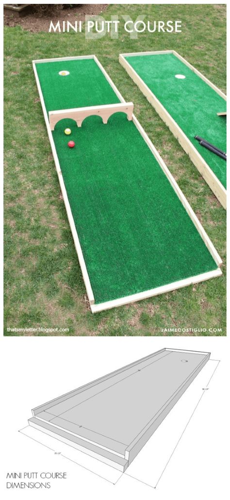 A DIY tutorial to make a mini putt course. Build a portable mini putt course for your backyard or patio space with free plans. #miniputt #backyardgames Golf Backyard, Yard Games For Kids, Backyard Kids Party, Mini Putt, Backyard Party Games, Outdoor Yard Games, Diy Yard Games, Outside Games, Diy Lawn