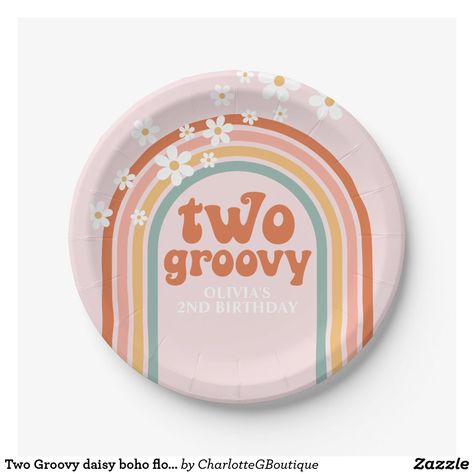 Five Is A Vibe, Hippie Birthday Party, Groovy One, Birthday Party Plates, Boho Fonts, Daisy Birthday, Birthday Paper Plates, Hippie Birthday, Floral Rainbow