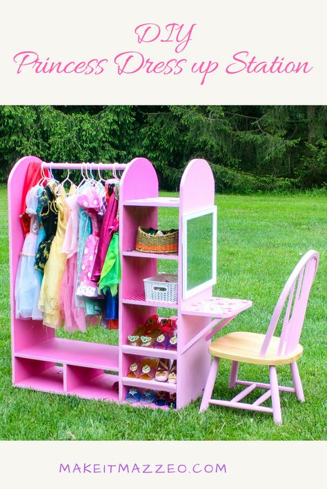 I made this dress up station for my daughter not only is it a perfect place for her dress up dresses and accessories and shoes but also a vanity where she can put on play makeup and be the princess she loves to be! Simple plywood construction means you can build this too!!! Diy Dress Up Station, Dress Up Stations, Dress Up Closet, Dress Up Storage, Toddler Girl Room, Princess Dress Up, Princess Room, Girls Dress Up, Big Girl Rooms