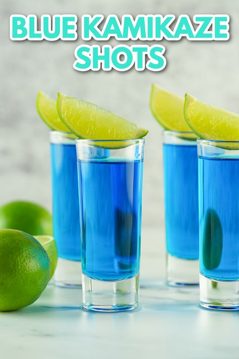 These Blue Kamikaze Shots Are Almost Too Pretty to Drink Blue Kamikaze Shot Recipe, Blue Curacao Shots, Kamikaze Shot Recipe, Blue Kamikaze, Kamikaze Shot, Kamikaze Cocktail, Shots Alcohol Recipes, Blue Tequila, Vegan Cocktails