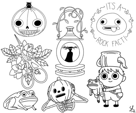 flash designs by Sage Lemoi (autumn, fall, pumpkin, frog) Small Over The Garden Wall Tattoo, Over The Garden Wall Coloring Page, Over The Garden Wall Tattoo Ideas, Over The Garden Wall Tattoo Simple, Otgw Tattoo, Over The Garden Wall Pumpkin, Over The Garden Wall Tattoo, Tattoo Over Scar, Pumpkin Tattoo