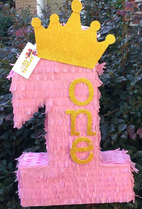 Number One Pinata, One Pinata, Princess Pinata, Donut Themed Birthday Party, Piñata Ideas, 1st Birthday Photoshoot, Princess Theme, Recycled Cardboard, Gold Number