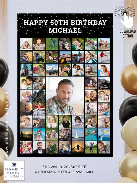 Celebrate any age birthday with a photo memories display utilizing this easy-to-upload photo collage template on a poster print with 55 square pictures of him or her through the years for a party or as a commemorative keepsake. The design features your custom text (the sample suggests HAPPY # BIRTHDAY NAME), gold confetti, editable font style, color and size and choice of background color. Birthday Photo Board Display, Picture Collage For Birthday Party, Photo Board, 75 Birthday Picture Collage, 50 Birthday Collage, 50th Picture Collage, 50th Birthday Photo Collage, Birthday Photo Displays, Happy Birthday Name