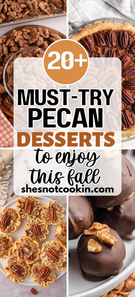 Pecan essert recipes photo collage with text overlay. Pecan Dainties, Pecan Trifle Recipes, Dessert With Pecans, Deconstructed Pecan Pie, Deserts With Pecans, Pecan Creme Pie, Recipes With Pecans Dessert, Thanksgiving Pecan Desserts, Pecan Pie Trifle Recipe