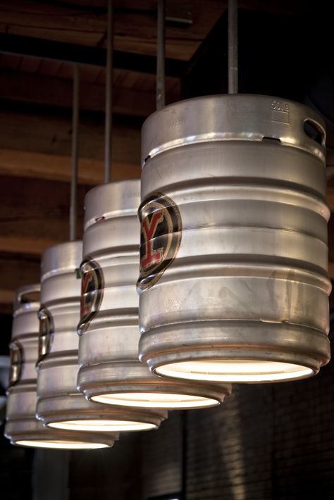 Taproom Design Brewery, Brewery Lighting, Ramen Station, Cafe Lighting Design, Keg Table, Taproom Design, Industrial Brewery, Rustic Outdoor Bar, Brewery Decor