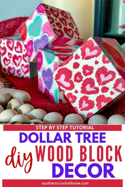 Dollar Tree Wood Block Napkin Decoupage Valentines Decor Dollar Tree Wood Square Crafts, Dollar Tree Wood Block Crafts, Dollar Tree Wood Craft Cubes Ideas, Dollar Tree Wood Dice Crafts, Valentine Wood Crafts Diy Wooden Blocks, Woodworking Diy Gifts, Dollar Tree Love Sign Diy, Decorate A Block, Wood Block Signs Lowe's