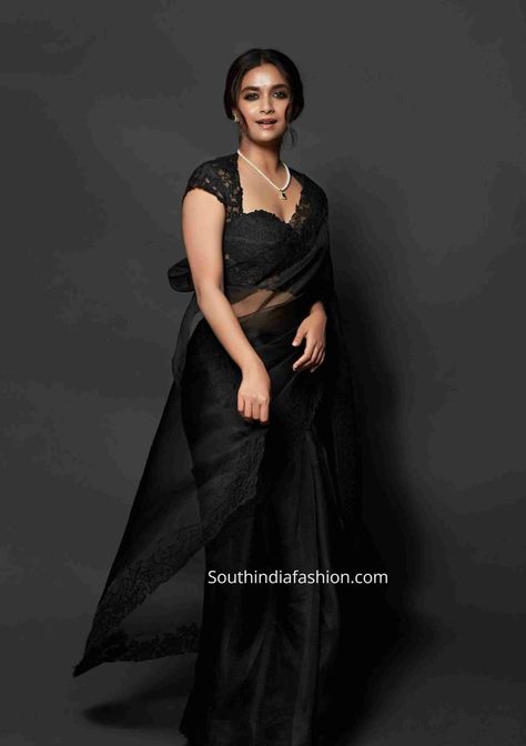 Keerthi Suresh Black Saree, Celebrities In Organza Sarees, Organza Sarees Black, Blouses For Organza Sarees, Black Saree Look, Saree Ruffle, Black Saree Designs, Black Organza Dress, Black Organza Saree