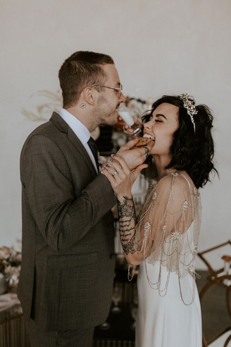 Formal Poses, Cookie Shots, Industrial Wedding Inspiration, Wedding Snacks, Edgy Wedding, Brides With Tattoos, Romantic Vibes, Vintage Wedding Photography, Eclectic Wedding