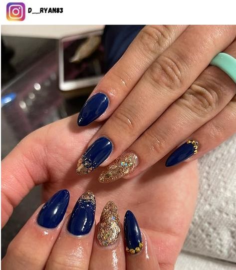 Navy Blue And Gold Ombre Nails, Prom Nails Blue And Gold, Blue Gold Nail Art, Royal Blue And Gold Nails Short, Blue And Gold Nails Almond, Dark Blue Wedding Nails, Blue And Gold Nails Short, Royal Blue Gold Nails, Blue And Copper Nails